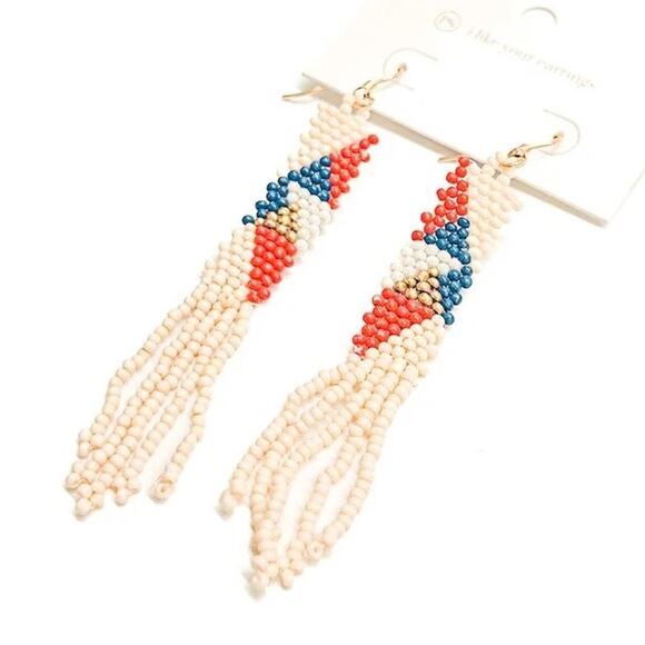 Fringe Color Block Beaded Boho Earrings Tan Blue Red - Picture 1 of 3